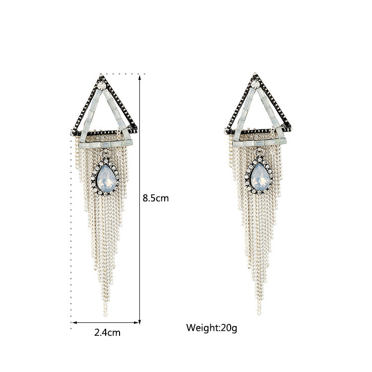 Wholesale Vintage long drop earrings with diamond-studded triangular water droplet tassels